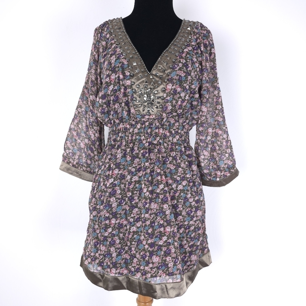 Moon River Smocked waist Beaded Silky Border Tunic sheer Dress Small